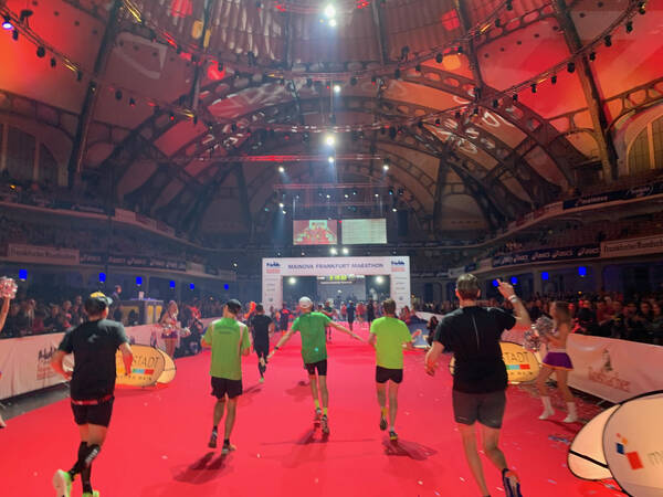 The Festhalle finish line at Frankfurt Marathon