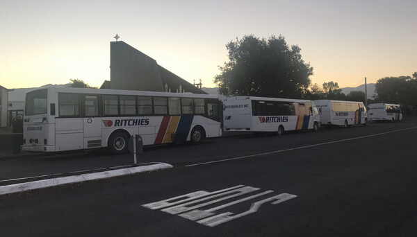 Some shuttle buses in the early morning are ready to take us runners to the start