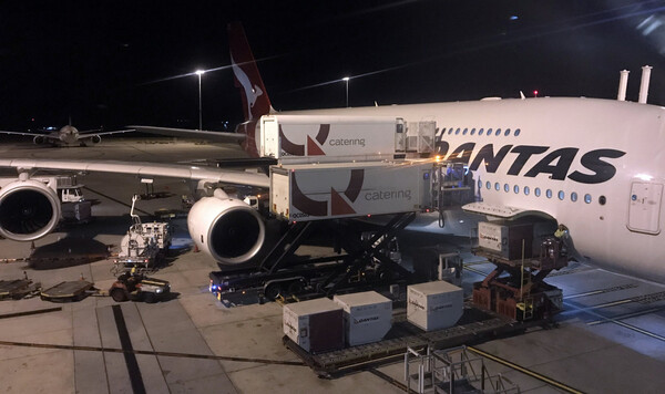 Watching our A380 get loaded up with food for the upcoming 14 hour flight from Melbourne to Dubai