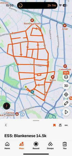 A planned route in the Strava map tool