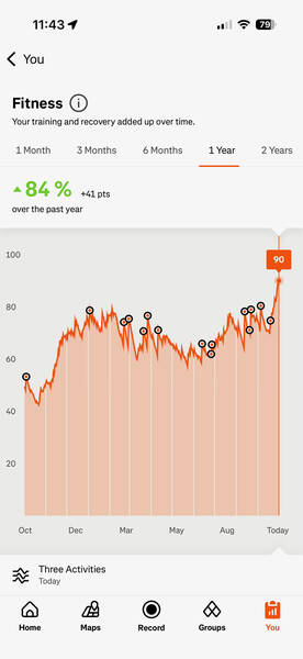 The fitness curve has been rising over the past year, but the Strava algorithms which calculate this are far from perfect
