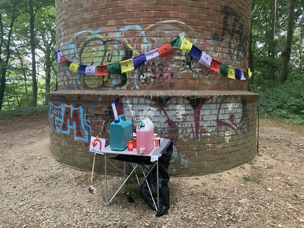 Our decorated mountain top, Tibetan prayer flags curtesy of a thoughtful participant