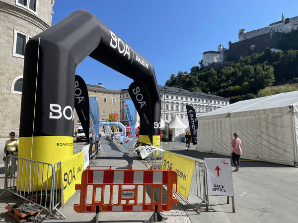 Always important, getting a glimpse of the finish line before the race to help visualize crossing it