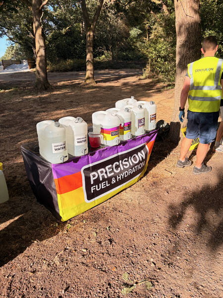 Water, Precision Hydration electrolytes, and sugary Tailwind mix