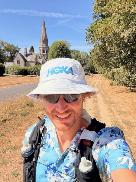 Onwards with a protective hat and ice on my neck, my shirt fitting the hot summer day it has become