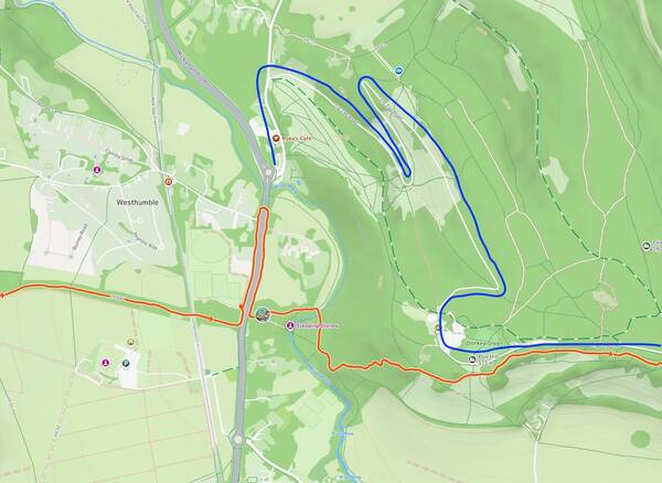 The orange Strava tracking versus the blue Zwift and cyclists’ route I painted into it