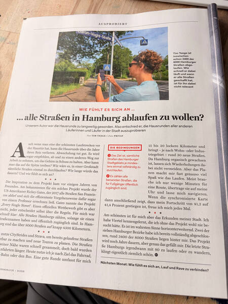 Coming home from the race weekend I found the new edition of Runner’s World magazine in my mailbox — including a page about my other fun project of collecting all the streets of Hamburg by running through them. I’m definitely in it for the long game. Running is great.
