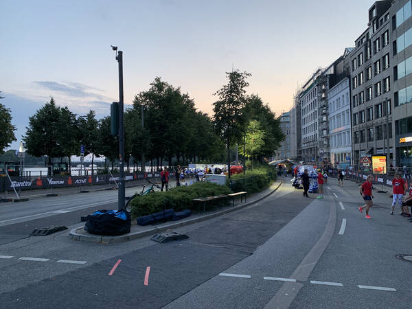 Transition zone roaming with a few volunteers and the earliest athlete’s checking in on their gear.