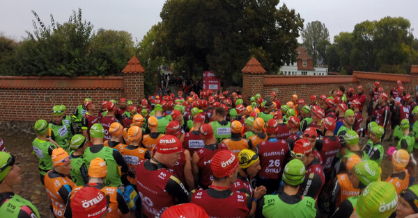 Excited crowd of athletes