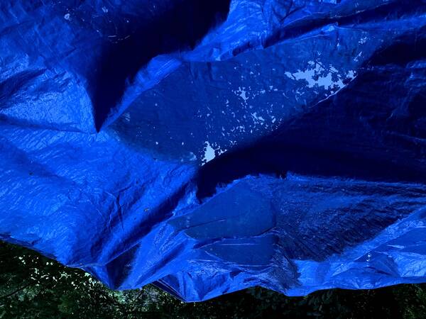 And then, a big rainy night. I put these blue plastic sheets on top, and they managed to catch most of the water. Lucky!