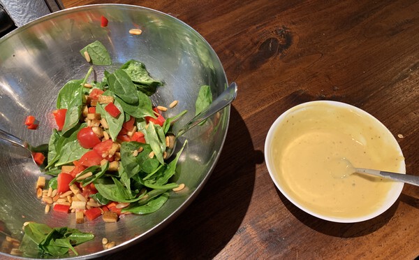 Lots of salad, homemade vegan dressing based on almond butter with agave syrup and mustard
