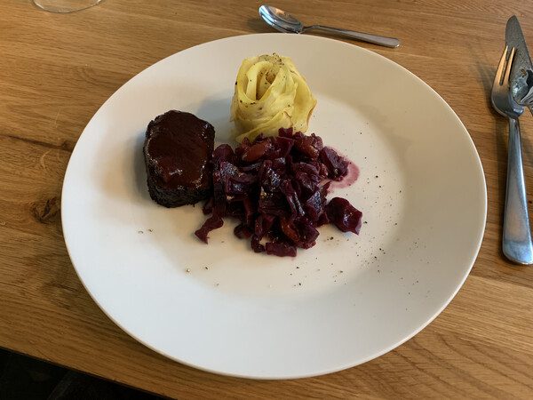 “Steak” made from nuts and soy with potatoes, red wine sauce