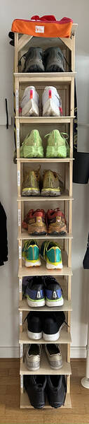 From top to bottom: Topo, Nike, Asics, Hoka Mach, Hoka Speedgoat, Hoka Rocket, Puma, and some daily street shoes