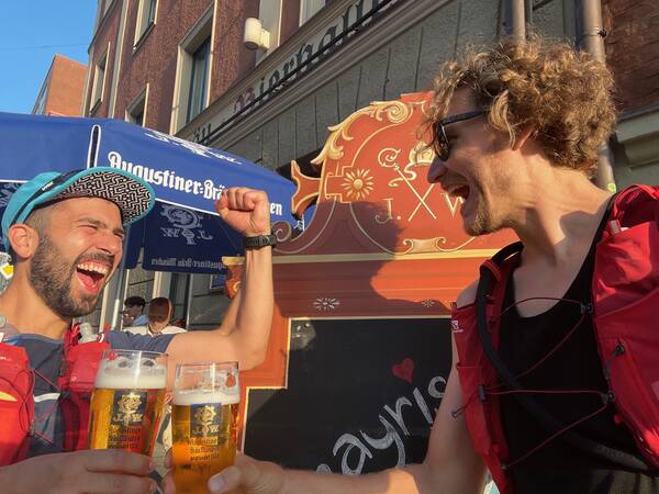 Nico and I toasting at the end of the first ever Munich Breweries Ultra, our own run through mid-pandemic Munich in 2021
