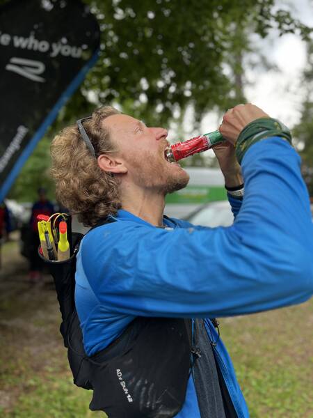 Enjoying two or three spoons full of tomato paste at V6, 64 kilometers in