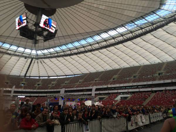 Right in front of the finish line within the Warsaw Stadium