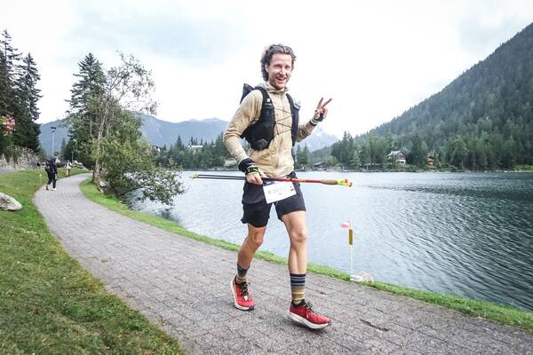 Good spirits at Champex-Lac right after the halfway point, 56 kilometers in